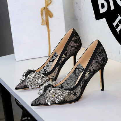 Diamond High Heels Bow Lace Super High Heel Women Shoes Pointed Low Cut Stiletto Heel Pumps