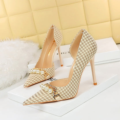 High Heel Low Cut Pointed Toe Side Hollowed Out Fabric Plaid pumps