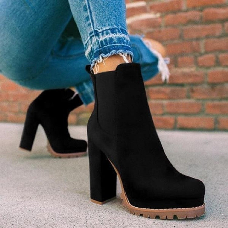 Round Head Chunky Heel Short Knight Suede Boots