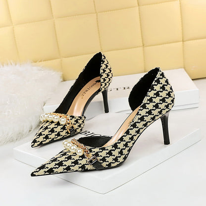 High Heel Low Cut Pointed Toe Side Hollowed Out Fabric Plaid pumps