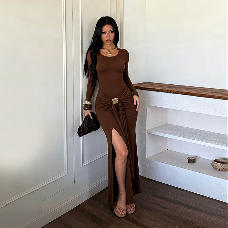 Metal Buckle Lace up Waist-Controlled Split Slimming Sexy Formal Dress