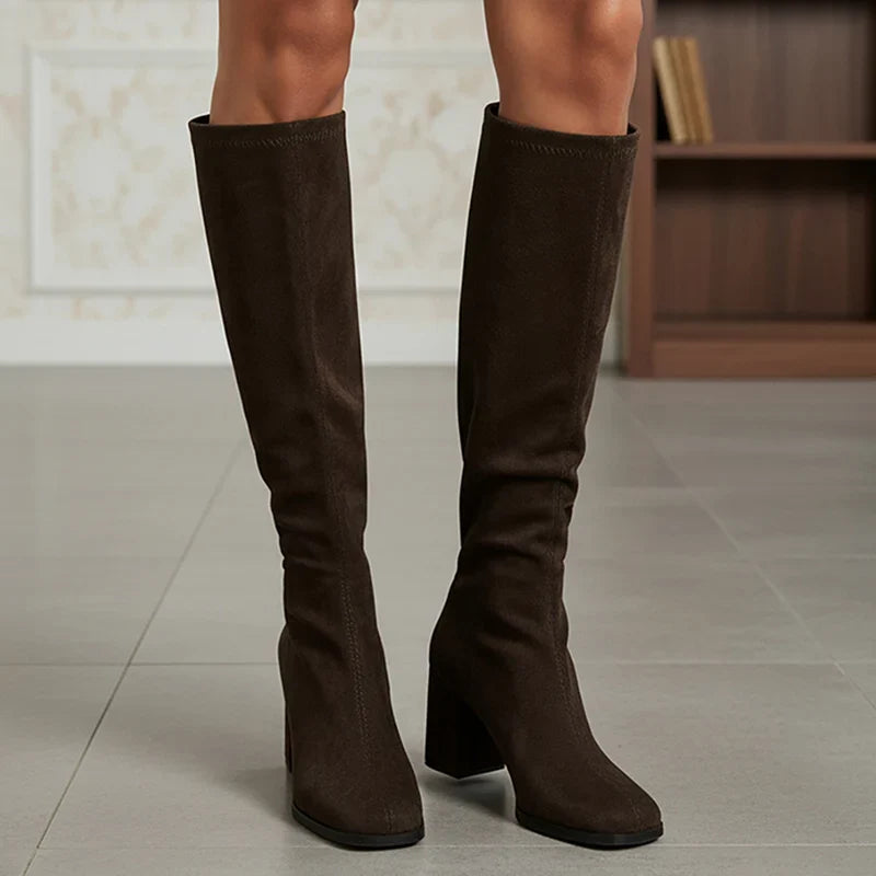 Sophisticated Style: Women's Black Flock Knee High Boots with Thick Heels