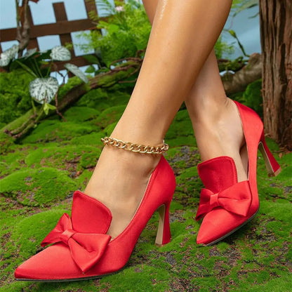 Satin High Heeled Pumps Sexy Pointed Toe Bow