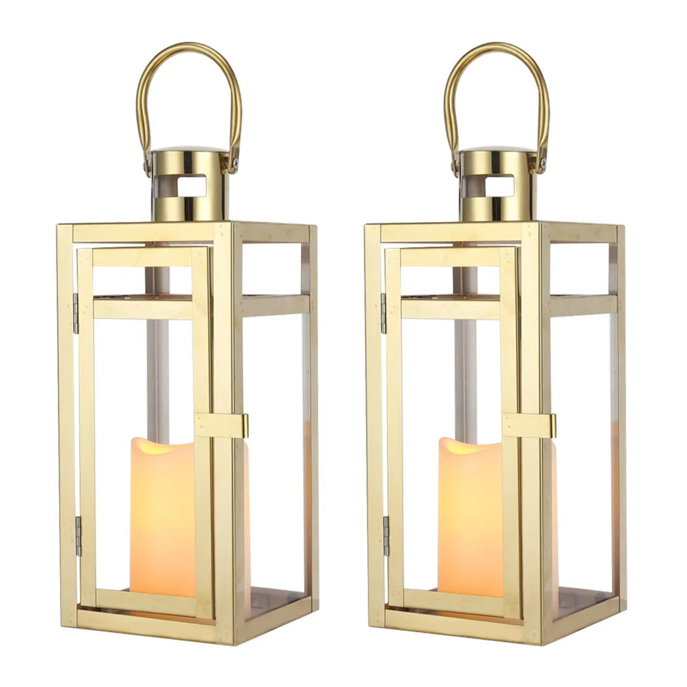 12'' High Metal Candle Holder Indoor / Outdoor Candle Lantern with Tempered Panels