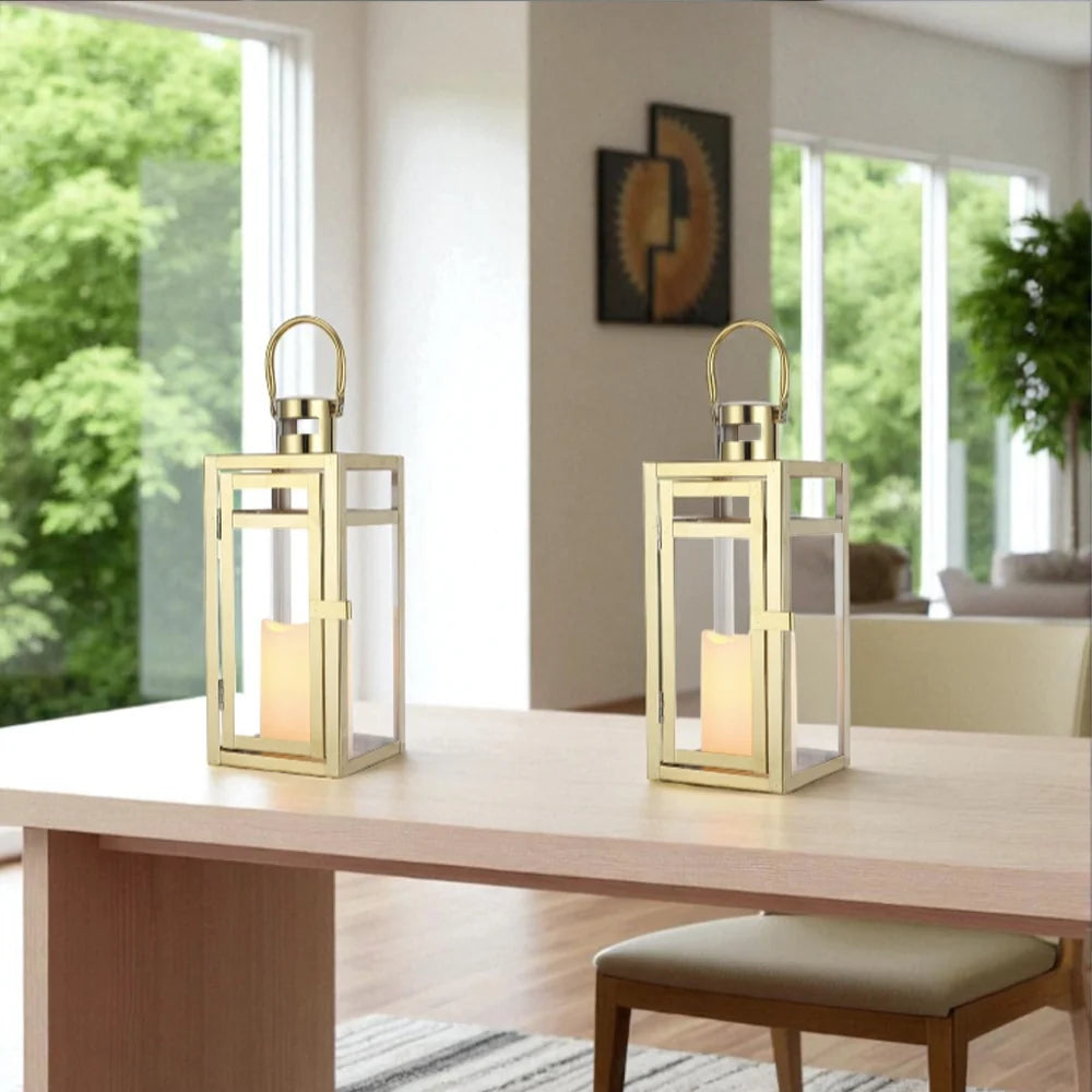 12'' High Metal Candle Holder Indoor / Outdoor Candle Lantern with Tempered Panels