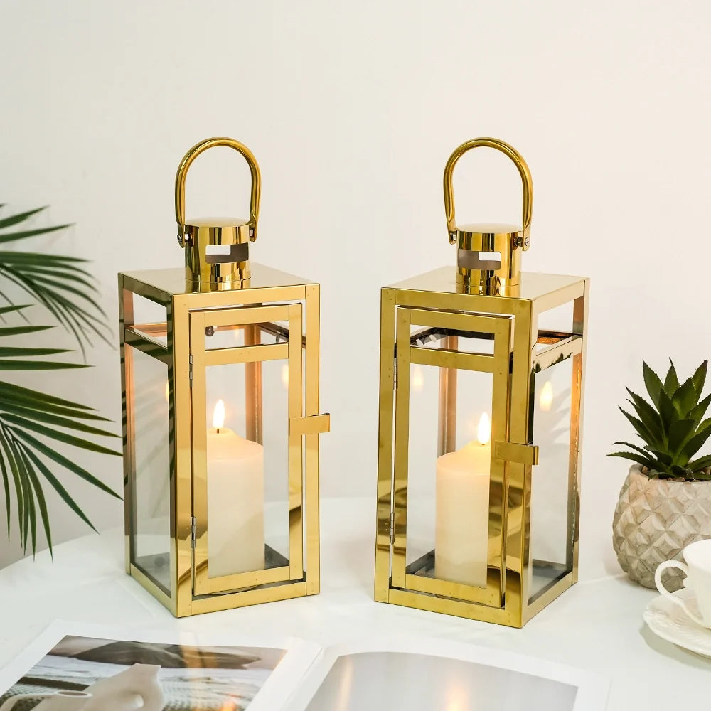 12'' High Metal Candle Holder Indoor / Outdoor Candle Lantern with Tempered Panels