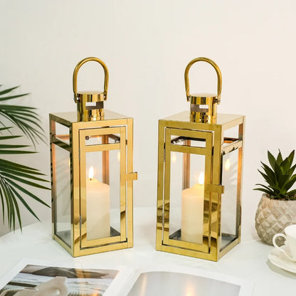 12'' High Metal Candle Holder Indoor / Outdoor Candle Lantern with Tempered Panels