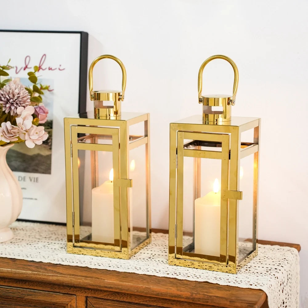 12'' High Metal Candle Holder Indoor / Outdoor Candle Lantern with Tempered Panels